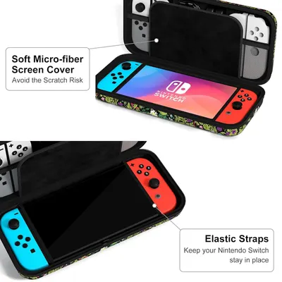 Highlights two distinct protective features of the Nintendo Switch case: the soft micro-fiber screen cover that prevents scratches and the elastic straps that secure the device in place.