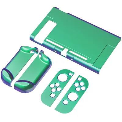 Shows all the components included in the purchase: a dockable case, grip case, and controller skins, helping shoppers understand the complete bundle they will receive.