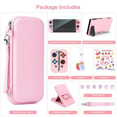 Shows all items included in the package to help shoppers understand the full value of the bundle, including carrying case, protective case, screen protectors, J-Con covers, pendant, stickers, thumb…