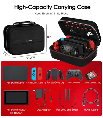 Shows everything included with the carrying case purchase, demonstrating the comprehensive storage capacity and organization for a Nintendo Switch and all its accessories. Communicates the case's…