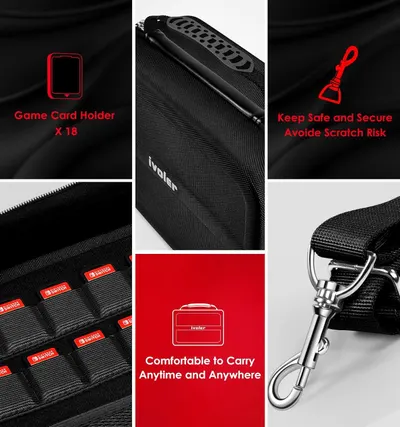 Communicates multiple key benefits of the carrying case including storage capacity for 18 game cards, protective design with secure closure to prevent scratches, and portable convenience with…