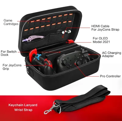 Shows everything included in the carrying case bundle—game cartridges, controllers, cables, charging adapter, and wrist strap—to help shoppers understand the full value and organization capabilities…
