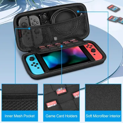 Highlights multiple organizational and protective features of the carrying case to show shoppers how the case keeps their gaming device and accessories secure and well-organized.