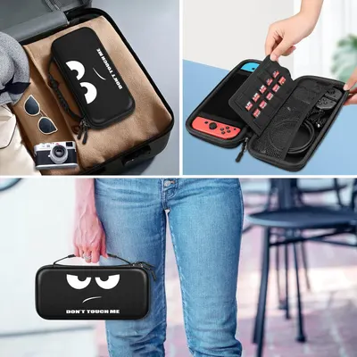 Demonstrates multiple use cases for the carrying case, showing it can be used for travel (on luggage), storage (organized interior with game cartridges and accessories), and portability (carried by…