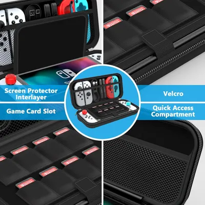 This image breaks down the carrying case's internal organization and physical components, showing shoppers exactly what storage features are included and where each gaming accessory can be stored.…