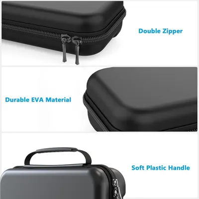 Highlights the key physical components and construction features of the carrying case to communicate quality, durability, and ease of use.