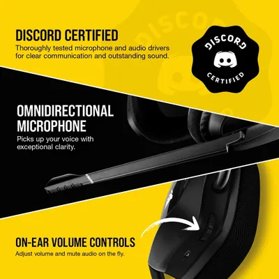 Communicates multiple key features of the gaming headset including Discord certification for quality audio, omnidirectional microphone for clear voice pickup, and convenient on-ear volume controls…