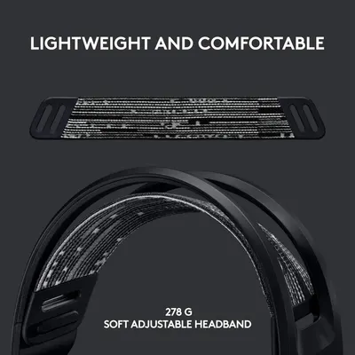 Communicates multiple comfort-related benefits of the headband design, emphasizing its lightweight construction (278g) and soft adjustable headband to reassure shoppers about wearability and comfort…