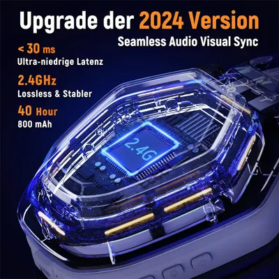 Communicates multiple technical performance benefits of the upgraded 2024 version, emphasizing low latency, stable connectivity, and long battery life to reassure shoppers of superior audio-visual…