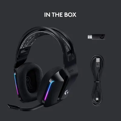 Shows the customer everything included in the box: the gaming headset, USB wireless receiver, and charging cable, providing clarity on what they will receive with their purchase.