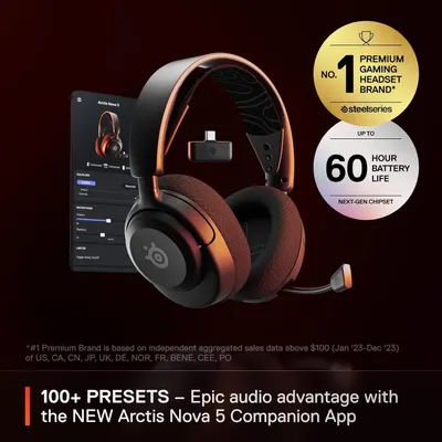 Communicates multiple key selling points including brand leadership, exceptional battery life, and extensive audio customization to position the headset as a premium, feature-rich gaming solution.