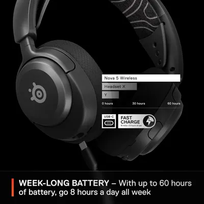 Communicates the headset's exceptional battery performance—up to 60 hours of use and fast-charging capability—to reassure shoppers they won't need frequent recharging. Highlights the core benefit of…