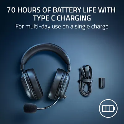 Communicates the impressive 70-hour battery life performance metric to reassure shoppers they can use the headset for multiple days without recharging. Shows all the items included in the package so…