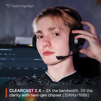 Highlights the headset's superior audio performance with quantifiable technical specifications (2X bandwidth, 2X clarity) to communicate enhanced sound quality and advanced technology to gamers.…