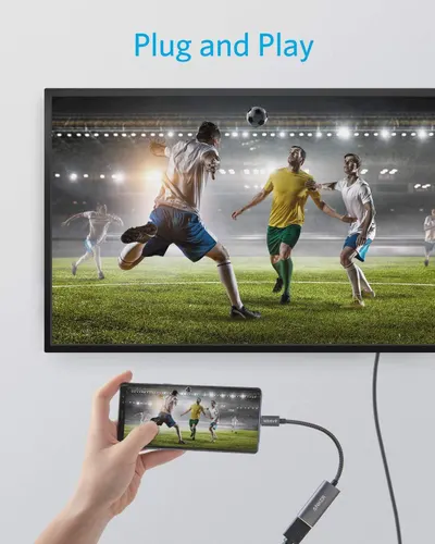 Demonstrates how simple it is to connect a smartphone to a TV using the cable adapter, showing the plug-and-play functionality for screen mirroring. Highlights the ease-of-use benefit where users…