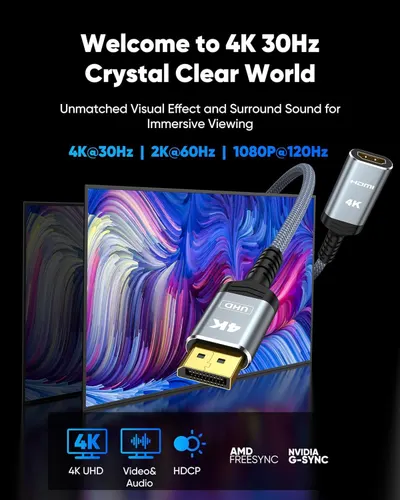 Communicates multiple technical specifications and compatibility features of the HDMI cable, emphasizing high-resolution video options, audio support, and gaming sync technology to appeal to…