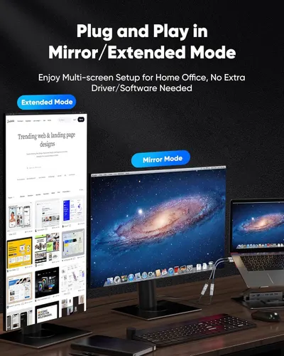 Demonstrates how the product enables easy multi-screen setup for home office use with both mirror and extended display modes, requiring no additional drivers or software installation. Shows multiple…