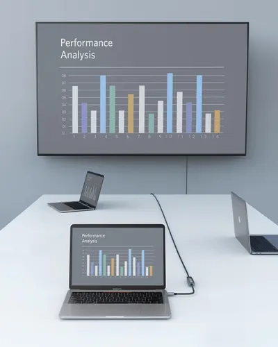 Demonstrates the product in a real-world professional setting, showing how it enables seamless multi-screen presentations and collaboration in modern workspaces.