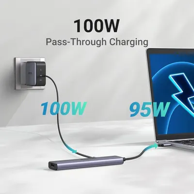 Communicates the high-wattage pass-through charging capability to reassure shoppers that the hub can charge their laptop at full speed while powering other devices. Highlights the convenience of…