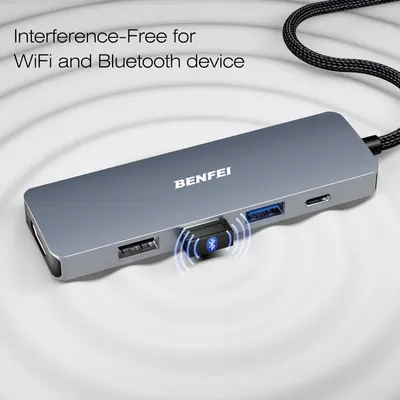Communicates that the USB hub provides interference-free operation for WiFi and Bluetooth devices, reassuring shoppers about reliable wireless connectivity.