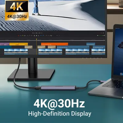 Communicates the high-definition display capability of the product, emphasizing the 4K resolution at 30Hz refresh rate to appeal to users needing quality video output for editing or viewing.…