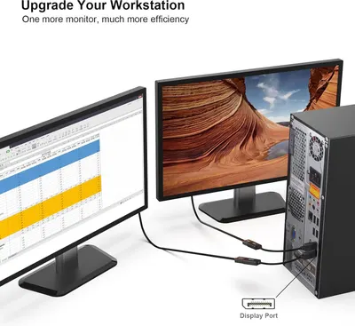 Demonstrates the product's ability to support multiple monitors simultaneously, showing how it enables a dual-screen workstation setup for enhanced productivity and efficiency. Highlights the…