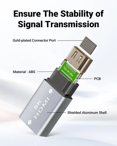 This image breaks down the internal construction and physical components of the HDMI cable connector to demonstrate quality materials and engineering that ensure stable signal transmission.