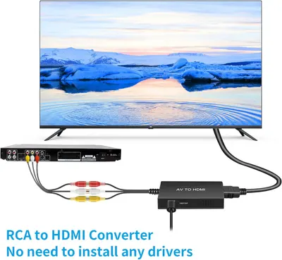 Demonstrates how to connect the RCA to HDMI converter to a TV, reassuring shoppers that setup is simple and requires no driver installation. Highlights the plug-and-play convenience of the…
