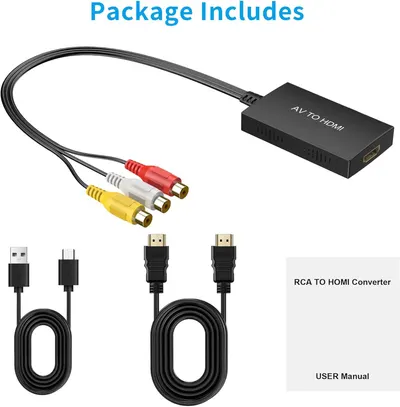 Shows all items included in the package (AV to HDMI converter, RCA cable, USB cable, HDMI cable, and user manual) to set clear expectations for what the customer receives.