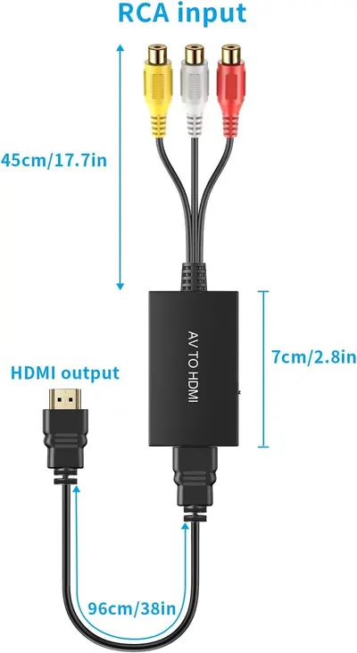 Communicates the physical dimensions of the AV to HDMI converter and cable lengths to help shoppers understand the product's size and reach for their setup needs.
