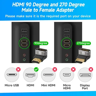 Demonstrates which port types the HDMI adapter is compatible with and shows the two different angle orientations available, helping shoppers verify compatibility with their specific device setup.