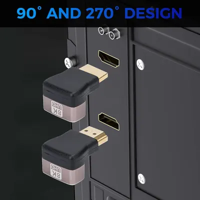 Demonstrates the product's angled connector design that allows HDMI cables to fit in tight spaces behind TVs or wall-mounted devices, solving cable management issues.