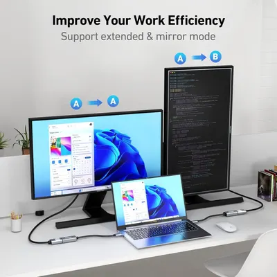 Demonstrates the product's ability to support multiple display configurations (extended and mirror mode) to improve work efficiency and productivity across different devices and monitors.…