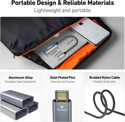 Communicates multiple material and design benefits of the product through a visually segmented layout, highlighting portability, heat dissipation, precise connectivity, and cable durability to…
