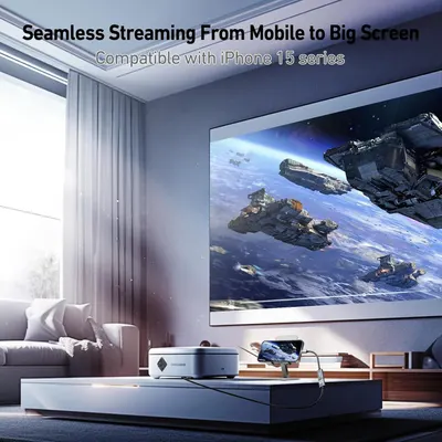 Demonstrates the product's ability to seamlessly stream content from mobile devices (specifically iPhone 15 series) to large screens, showing the practical application in a home entertainment…