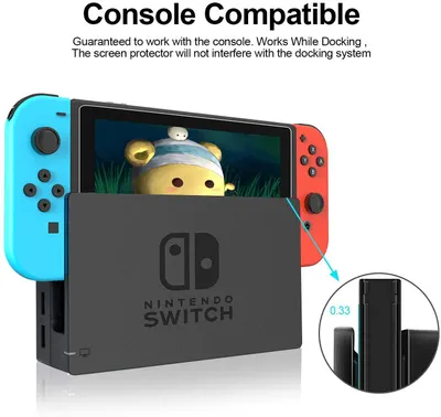 Reassures shoppers that the screen protector is fully compatible with the Nintendo Switch console and will not interfere with the docking system, addressing a common concern about accessory fit.
