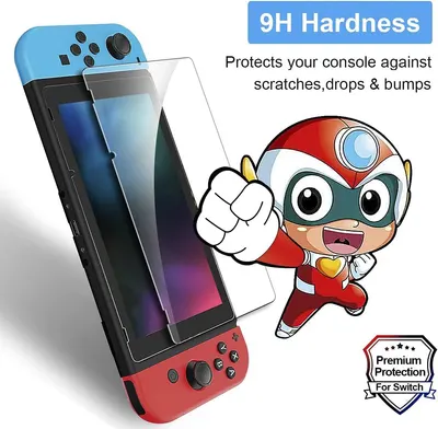 Communicates that the screen protector offers 9H hardness to protect the gaming console against scratches, drops, and bumps, reassuring shoppers of its durability and protective capability.