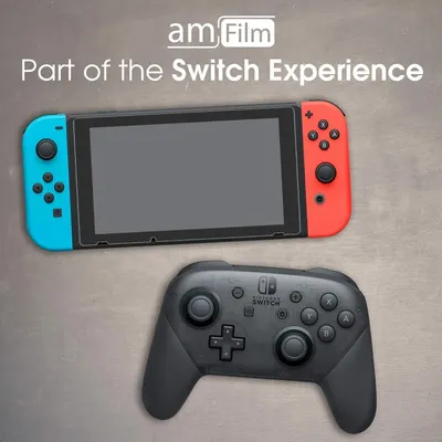 Shows that the amFilm screen protector is compatible with the Nintendo Switch console and works alongside the Pro Controller, reassuring shoppers that it fits the complete Switch gaming setup.
