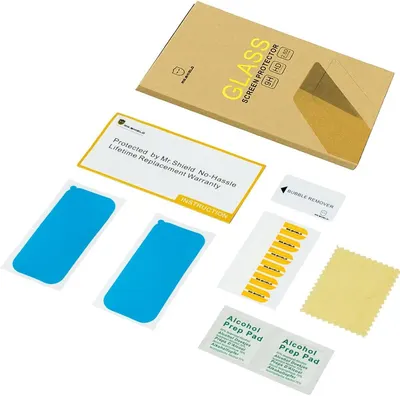 Shows all items included in the glass screen protector package to reassure shoppers they receive everything needed for installation: screen protectors, cleaning supplies, bubble remover, and…