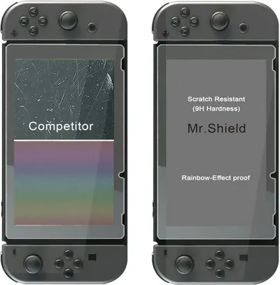 Demonstrates the superiority of Mr.Shield screen protector over a competitor by showing the competitor's scratched and rainbow-effect screen versus Mr.Shield's clean, scratch-resistant 9H hardness…