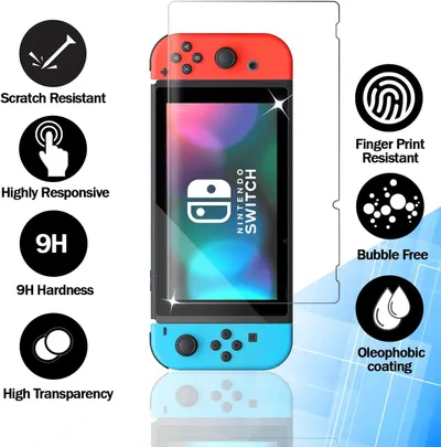 Communicates the comprehensive protective qualities of the Nintendo Switch screen protector, highlighting multiple technical benefits to reassure shoppers of its quality and effectiveness.