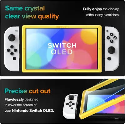 Communicates two distinct benefits of the screen protector: superior display clarity without blemishes and precise custom fit for the Nintendo Switch OLED.