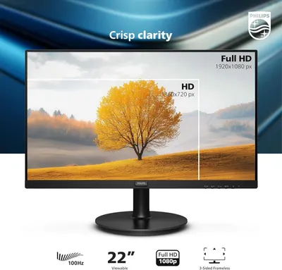 Communicates multiple technical specifications and benefits of the Philips monitor, emphasizing crisp clarity, Full HD resolution, high refresh rate, and frameless design to appeal to shoppers…