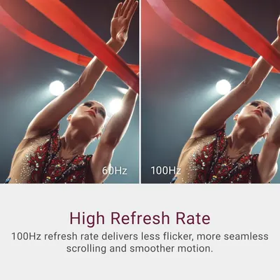 Communicates the technical performance advantage of a 100Hz refresh rate, showing shoppers that the display delivers smoother motion and less flicker for a superior viewing experience. Highlights…