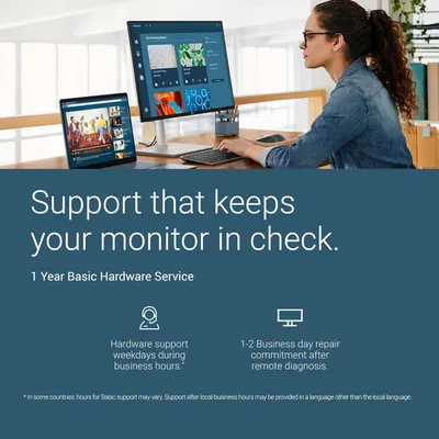 Communicates the included 1-year basic hardware service warranty, reassuring business customers that their monitor investment is protected with support and repair services.