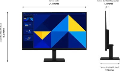 Communicates the exact physical dimensions of the monitor (width, height, depth with and without stand) to help shoppers understand the product's size and ensure it fits their workspace.