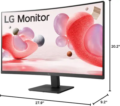 Communicates the exact physical dimensions of the monitor (27.9" width, 20.2" height, 9.2" depth) to help shoppers understand the size and footprint of the product before purchase.