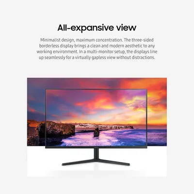 Communicates the monitor's three-sided borderless design and its benefit for creating a seamless, distraction-free multi-monitor setup with a clean aesthetic.