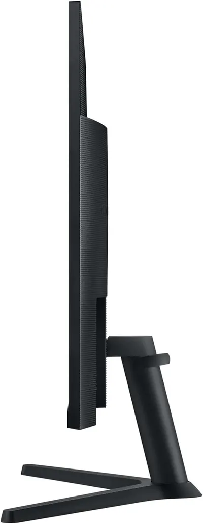 Displays the product's slim profile and stand design from a side angle to help shoppers understand the physical form factor and desk footprint of the monitor.