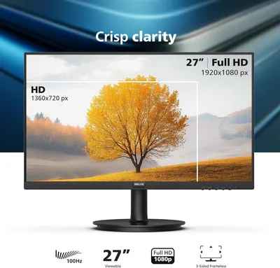 Communicates multiple key specifications and benefits of the monitor including screen size, resolution quality, refresh rate, and frameless design to help shoppers understand the product's technical…